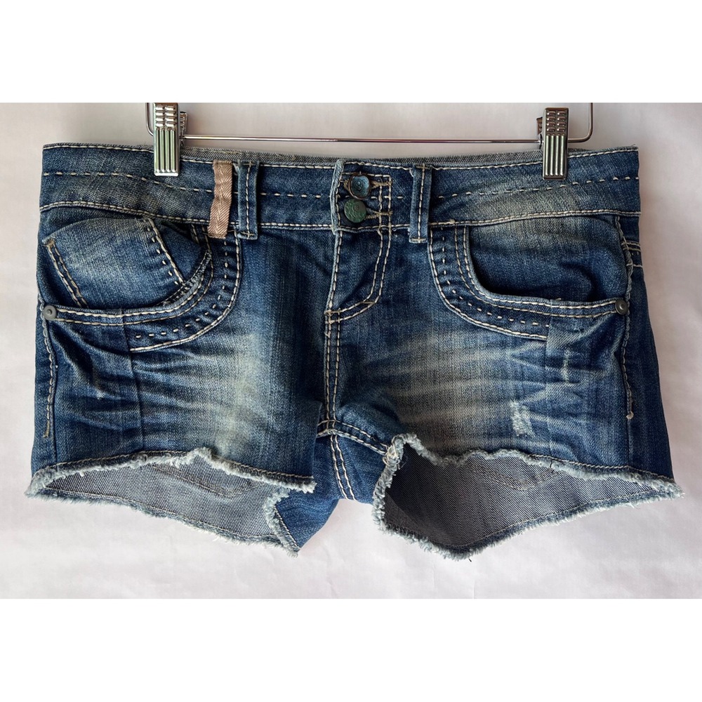 Vanilla Star‎ Denim Shorts Size 7 Blue Distressed Frayed Hem Y2K Western